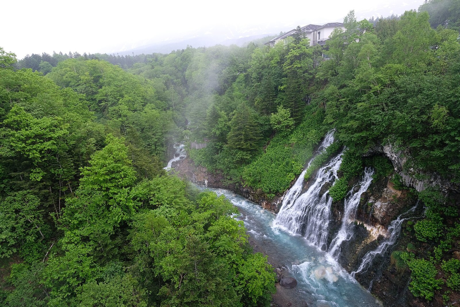 Shirahige-Wasserfälle zwischen bewaldeten Felsen bei Biei